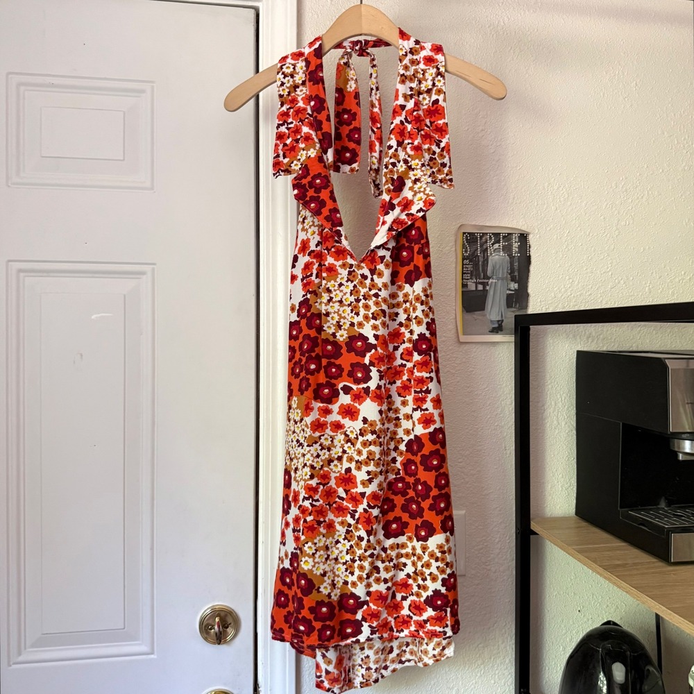 HER PONY rust brown white floral 60's halter neck mini dress